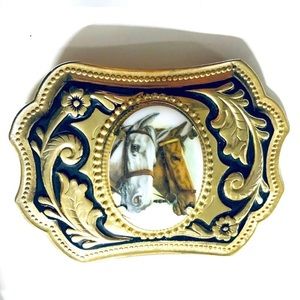 2/$50!🌱 Cowgirl Horse Belt Buckle Gold Brass Filigree White Vintage Boho